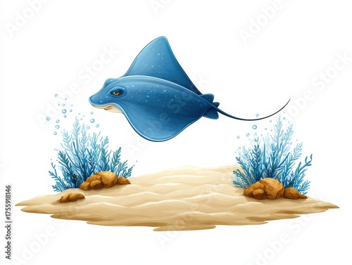A blue stingray swims gracefully over a sandy seabed adorned with corals and seaweed, showcasing vibrant underwater life.