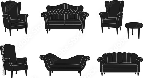 Silhouette vector illustration of classic furniture including armchairs, loveseats, chaise lounge, and side table for elegant home interior decoration design