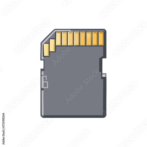 Grey micro sd memory card illustration with golden pins for data storage and transfer
