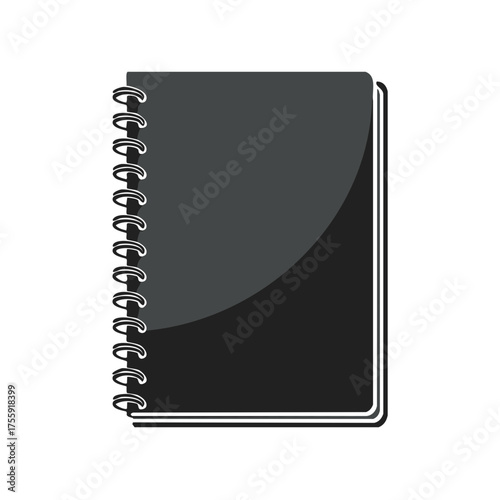 Graphic of a closed notebook with a spiral binding, gray and black colors, vector illustration.