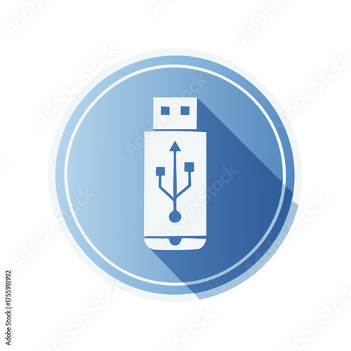 Stylized illustration of a USB flash drive in a blue circle for digital storage.