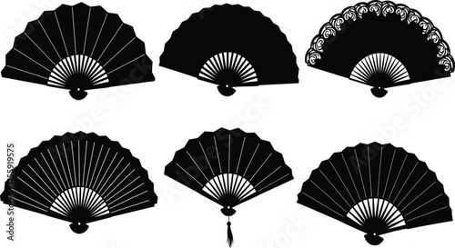 Traditional hand fan silhouettes with ornate, scalloped, and symmetrical designs for cultural, vintage, decorative, and artistic vector illustration themes