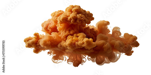 Beautiful orange smoke plume isolated on transparent background. bright orange paint color powder festival background.