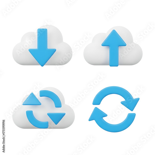 Cloud Icons Data Transfer Blue 3D Modern Isolated On Transparent Background