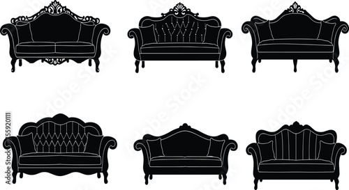 Vintage ornate sofa silhouette collection featuring antique furniture designs, elegant couches, decorative seating, classic interior style, retro luxury home decor