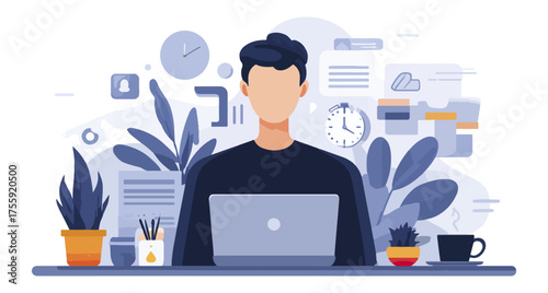 Man working on laptop office desk with clocks and plants vector illustration