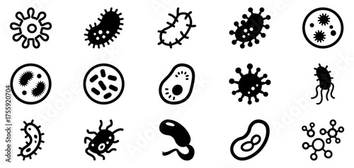 Bacteria and virus icon set on white background. Collection of microbe and germ shapes for health, infection, and science concepts. Ideal for medical, biology, and laboratory vector design.