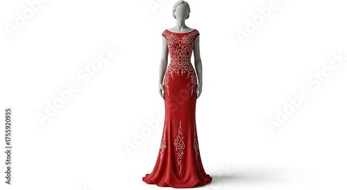 A mannequin displays a long red dress with white floral designs on a white background in a studio shot