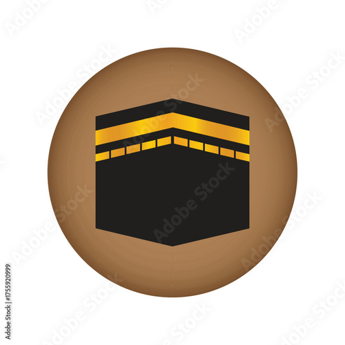 Kaaba Icon Vector Design with Golden Details in Brown Circle Background, kaaba illustration mecca vector, islamic religious vector holy site workship place, pilgrimage makkkah icon vector illustration