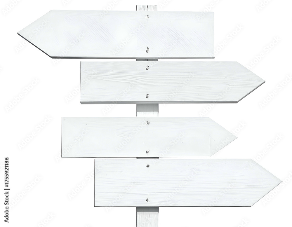 Obraz premium Four white directional signs, stacked vertically with arrow pointers, on a transparent background