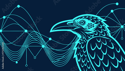 Abstract raven illustration with intricate line patterns and data visualization elements, creating a modern and symbolic representation of intelligence