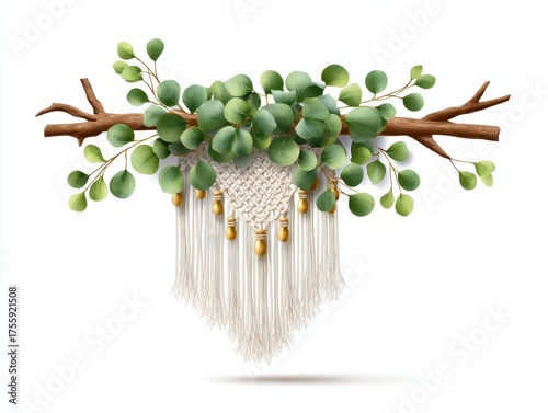 A decorative wall hanging featuring greenery and a macrame design with tassels, blending natural elements for a stylish touch.