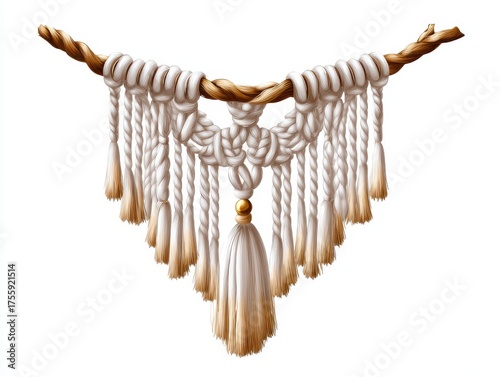 A decorative macrame wall hanging featuring intricate knots and tassels, showcasing craftsmanship with a blend of white and natural fibers.