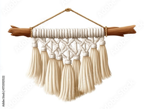 A decorative macrame wall hanging featuring intricate knots and tassels, suspended from a wooden rod, showcasing a natural aesthetic.