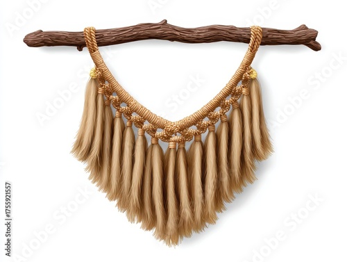 A decorative wall hanging made of woven materials, featuring natural fibers and a rustic wooden branch as a base.