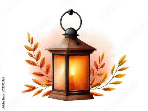 A warm, glowing lantern surrounded by autumn leaves, evoking a cozy and inviting atmosphere.