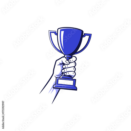 Hand holding a trophy representing victory and achievement.