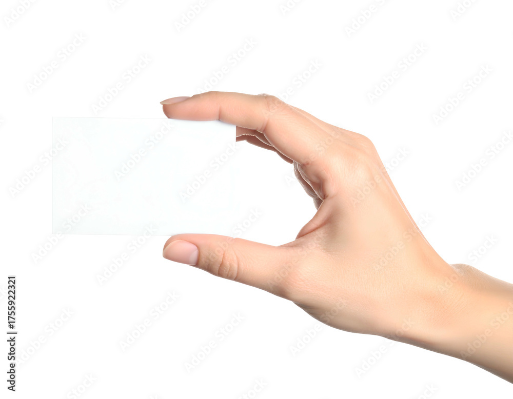 Obraz premium Close-up of a hand holding a blank rectangular card, isolated on black background