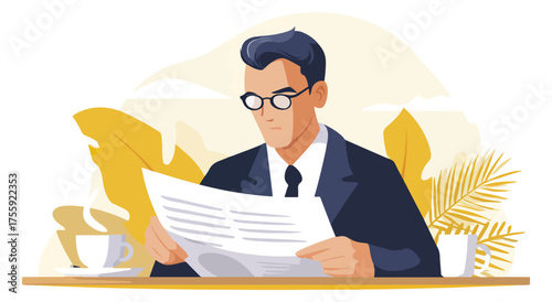 Illustration of a man reading newspaper with coffee on the table