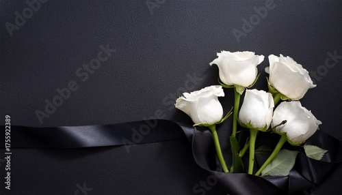White Roses Flat Lay With Black Mourning Ribbon On Dark Background