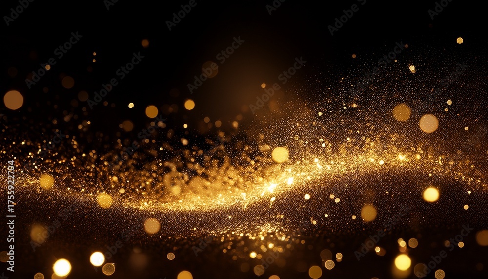Obraz premium Golden Dust Shimmering Bokeh Glowing Gold Glitter Particles Abstract Background Warn Festive Overlay