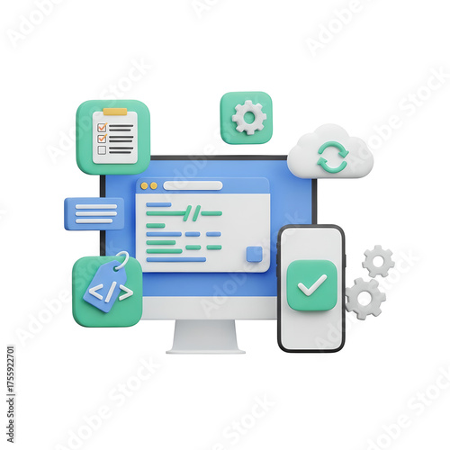 Software Development Web Design 3D Icons Blue Green Isolated On Transparent Background