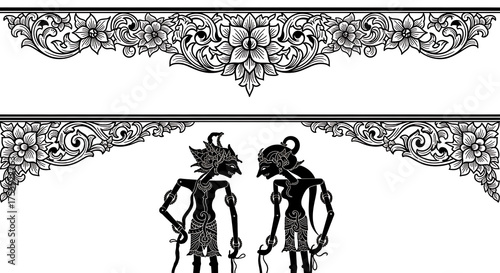 Ornate floral frame and Wayang Kulit silhouette cultural border design