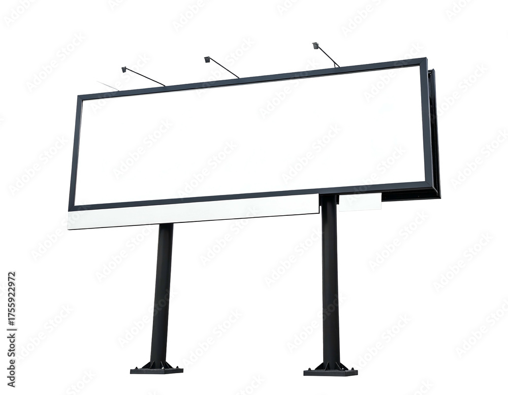 Fototapeta premium A tall billboard on metal poles, illuminated with spotlights, against a black background