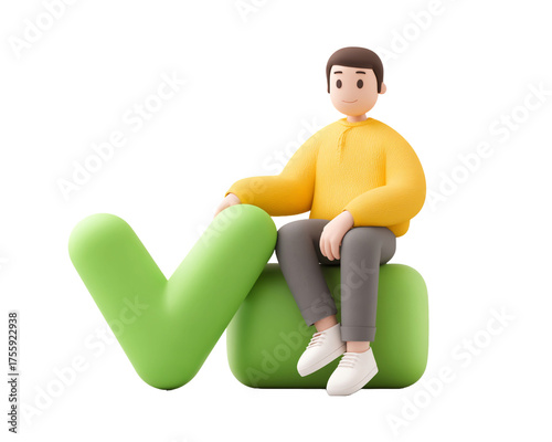 Happy 3d man sitting on a large green check mark symbol