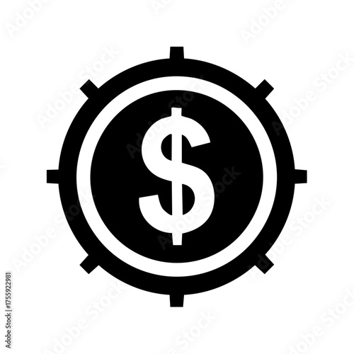 Black dollar sign inside a gear symbol representing financial industry and economy