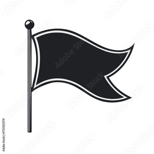Black and white pennant flag waving on a pole with a ball finial, vector illustration.