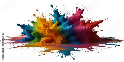  abstract colorful rainbow holi paint and colorful cloud smoke powder explosion isolated on transparent wide panorama background.	