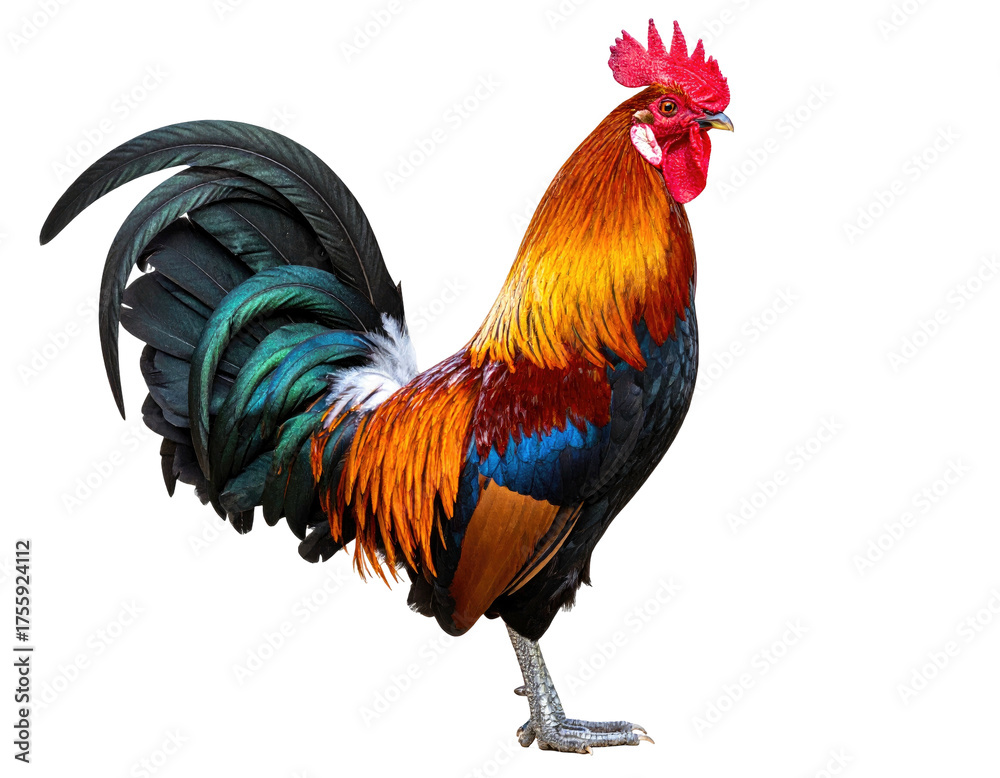Fototapeta premium Colorful rooster with vibrant plumage, comb erect, isolated on black background