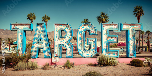 Target sign in desert oasis: Retro palm tree scenic display for travel and inspiration	