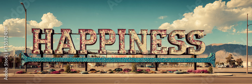 Happiness sign in desert oasis: Retro palm tree scenic display for travel and inspiration