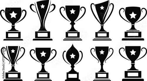 Black Trophy Silhouette Icon Set Vector Illustration. Award and Achievement Trophy Collection in Black.