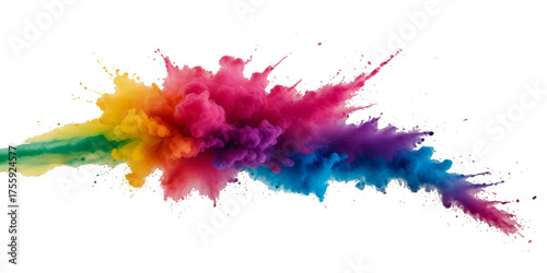 Vector watercolor rainbow multicolor splatter design background. Multicolored rainbow explosion of cloud powder paint decoration isolated on transparent background.