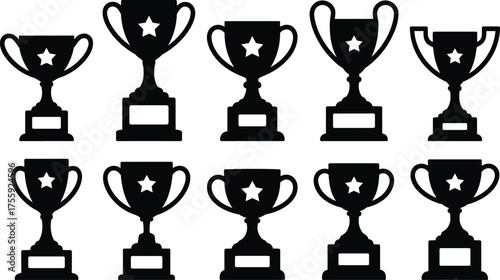 Black Trophy Silhouette Icon Set Vector Illustration. Award and Achievement Trophy Collection in Black.