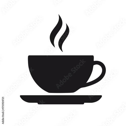 Black and white graphic of a cup of coffee with steam rising from the drink and saucer