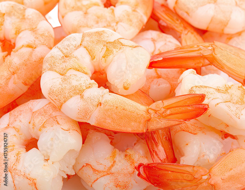 Close-up view of a pile of cooked shrimp, displaying their pink and white colors