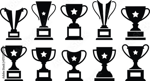 Black Trophy Silhouette Icon Set Vector Illustration. Award and Achievement Trophy Collection in Black.
