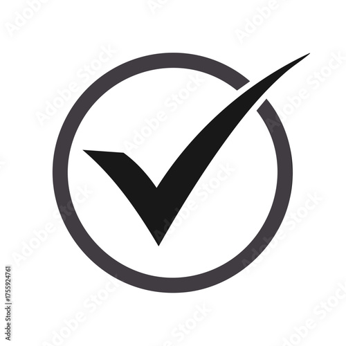Black check mark icon in gray circle symbolizing approval confirmation and correctness