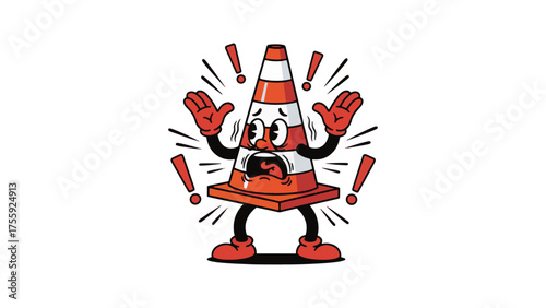 Hilarious cartoon traffic cone character freaking out over 'Cone-Fused' pun, perfect for comedy sketches, roadside safety campaigns and humorous construction zone signage.