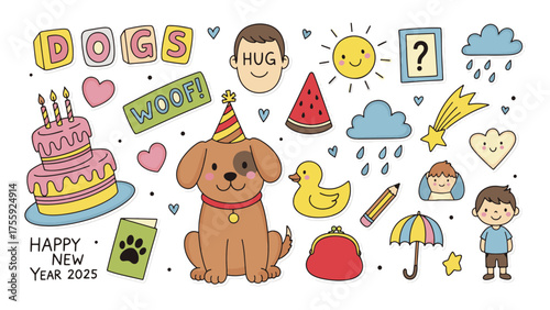 Delightful dog party illustration for Happy New Year 2025 celebrations, perfect for whimsical birthday invitations, cute children's book illustrations, and playful social media designs