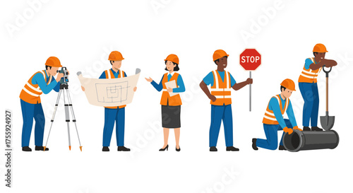 Energetic construction team working together on site plans, safety protocols, and infrastructure repairs, demonstrating teamwork and expertise in a modern engineering project