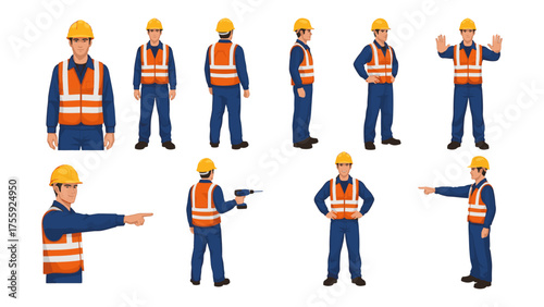 Skilled construction worker in multiple poses wearing safety gear and a hard hat, pointing, drilling, and signaling for safety guidance on the job site, perfect for safety training materials