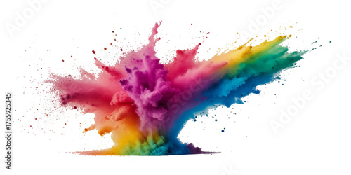 Vector watercolor rainbow multicolor splatter design background. Multicolored rainbow explosion of cloud powder paint decoration isolated on transparent background.