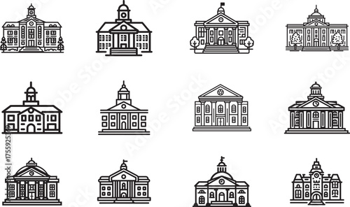 Collection of Courthouse Building Icons in Black and White Line Art.