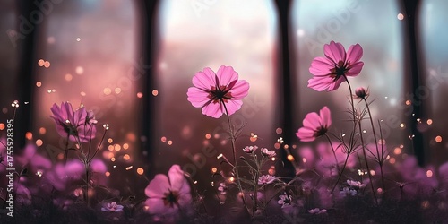 Fototapeta Naklejka Na Ścianę i Meble -  Enchanted Cosmos Garden at Night with Sparkling Lights, A Gothic Blooming Wonderland Dreamscape