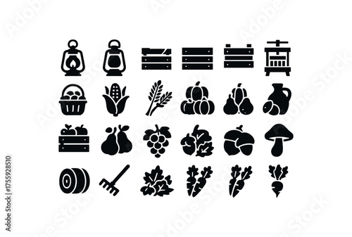 vector solid black filled icons Autumn (harvest) lantern on lantern off crate open crate closed press active press inactive harvest basket corn ears wheat sheaf pumpkin pile squash mix